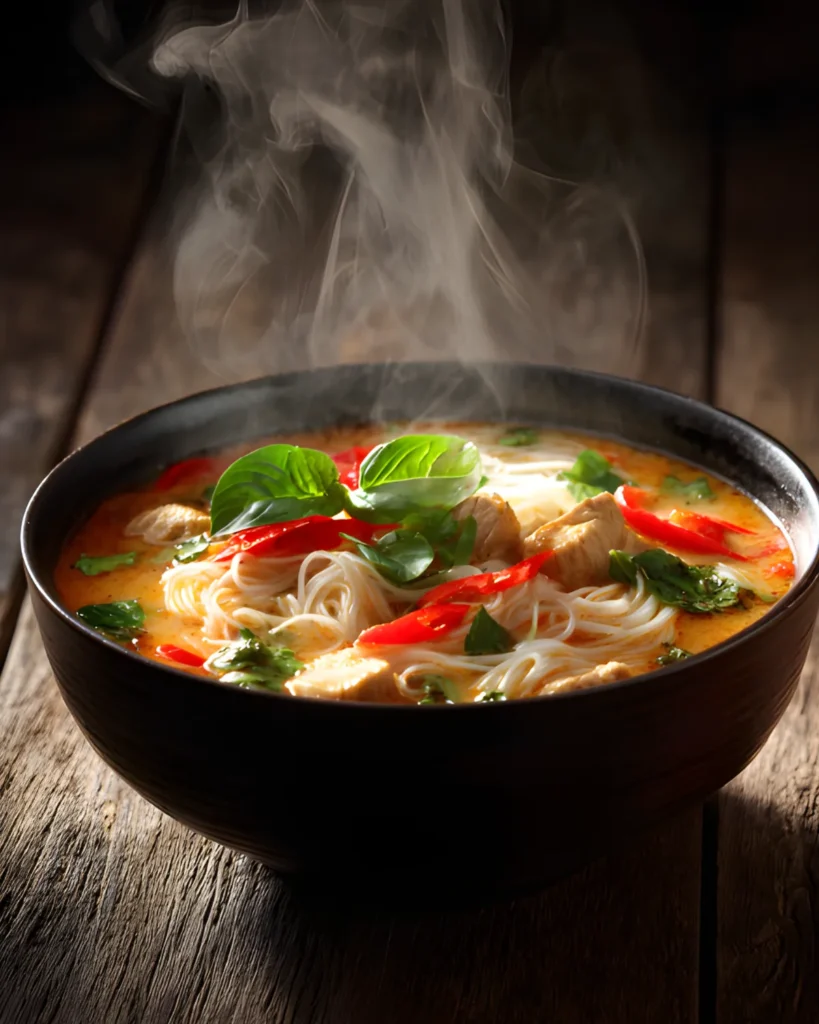 Steaming bowl of Thai Red Curry Noodle Soup with rice noodles, chicken, red peppers, and fresh basil in a creamy coconut curry broth.