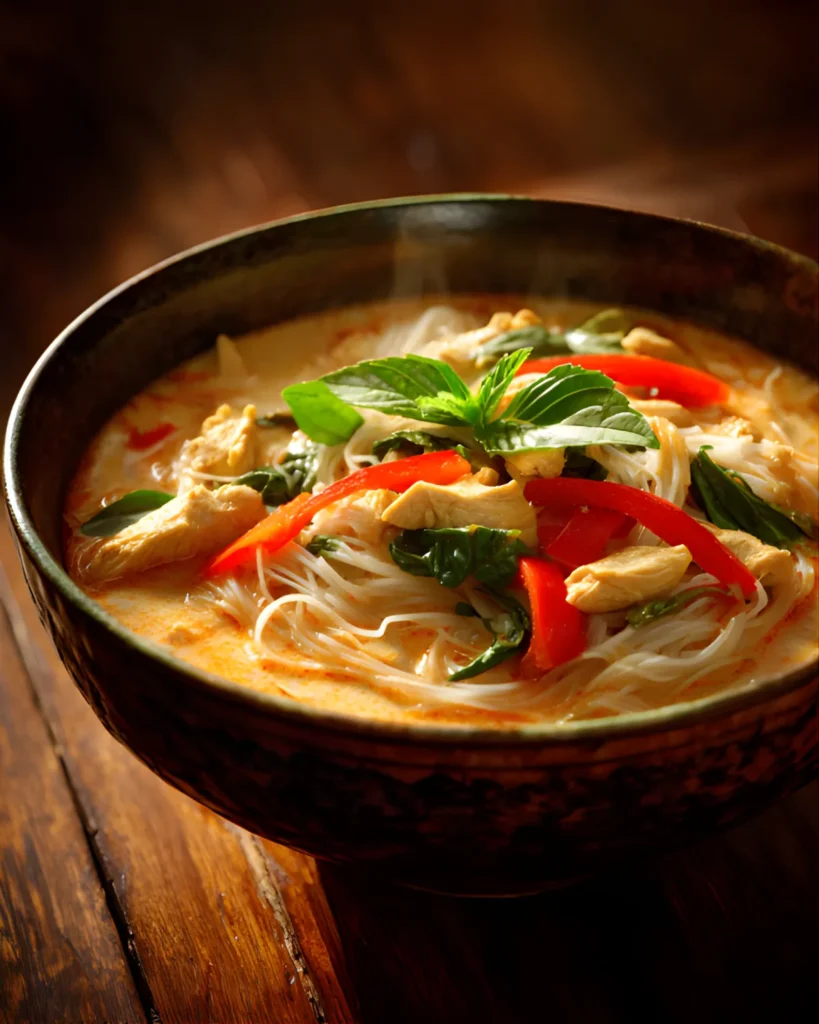 Thai Red Curry Noodle Soup served in a bowl with rice noodles, chicken slices, red bell peppers, and fresh basil in a creamy coconut curry broth.