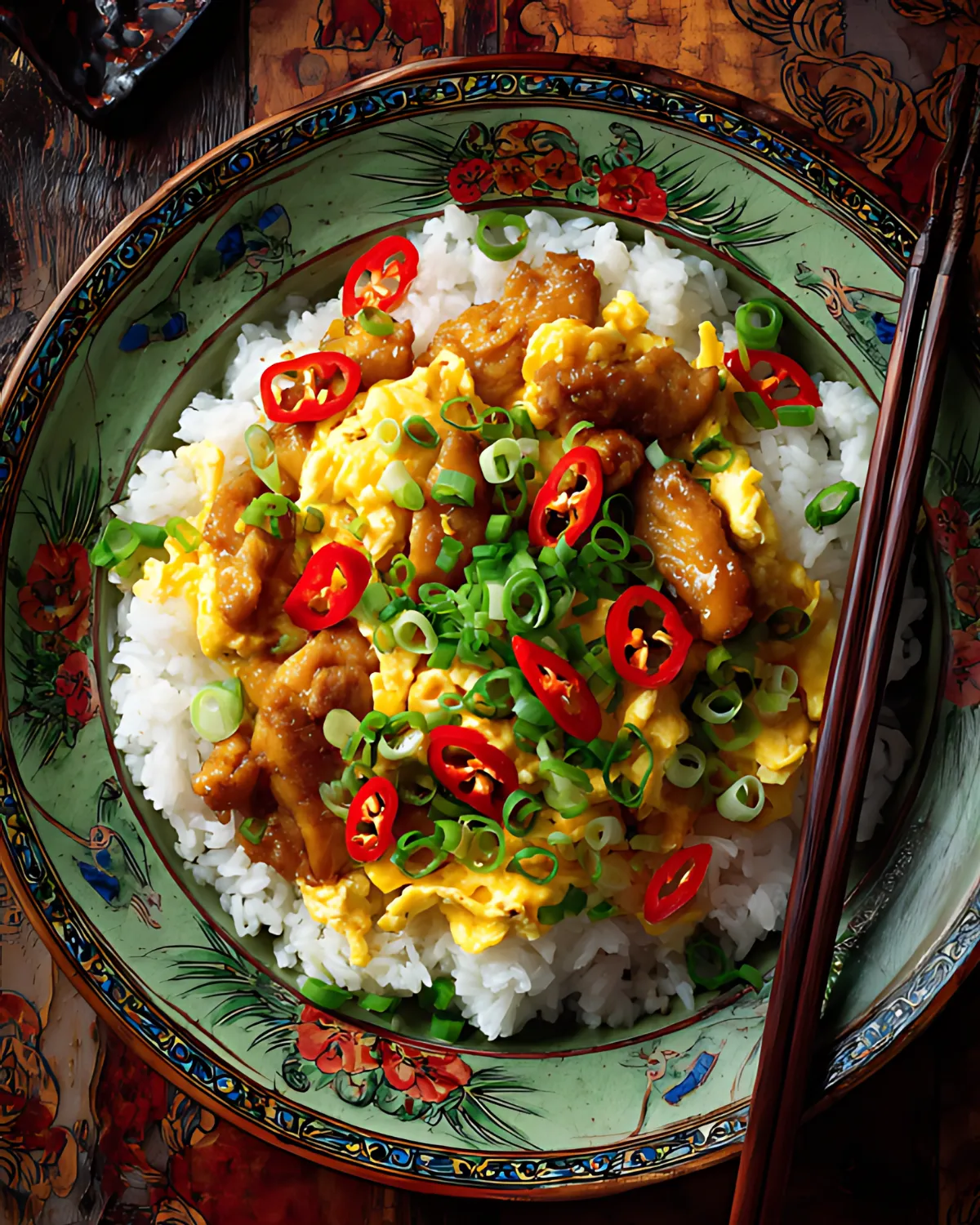 Tori Chili with crispy chicken, scrambled eggs, red chili, and green onions on steamed rice