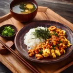 Tori Chili with scrambled eggs and rice, garnished with nori and green onions, served with miso soup