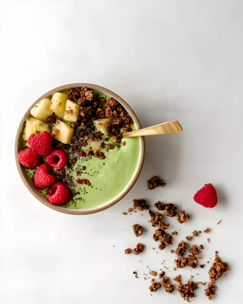 Tropical Matcha with Pineapple smoothie bowl topped with raspberries, pineapple chunks, chocolate granola, and a gold spoon