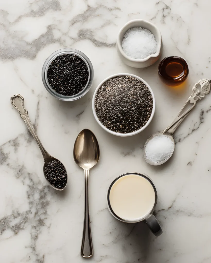 Ingredients for vanilla chia pudding including chia seeds, milk, vanilla extract, and sweetener on a marble surface