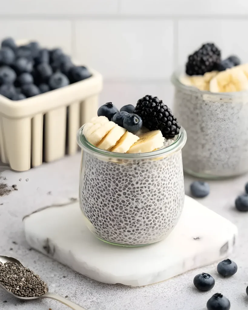 Vanilla chia pudding in a glass jar topped with banana slices, blueberries, and blackberries