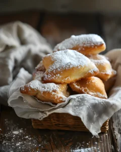 Golden Vanilla French Beignets dusted with powdered sugar in a rustic basket