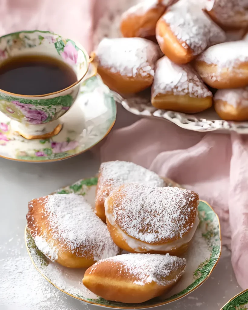 Vanilla French Beignets dusted with powdered sugar served on floral china with a cup of tea