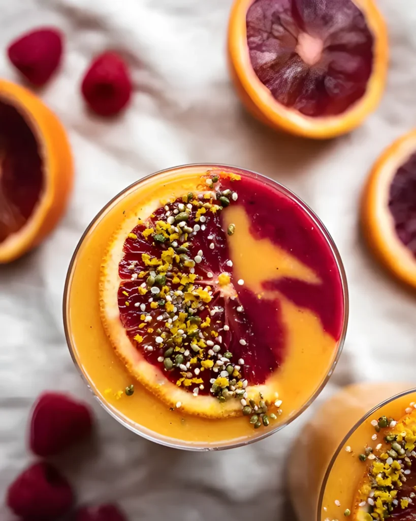 Top view of a Winter Citrus Smoothie garnished with a blood orange slice, bee pollen, and seeds.