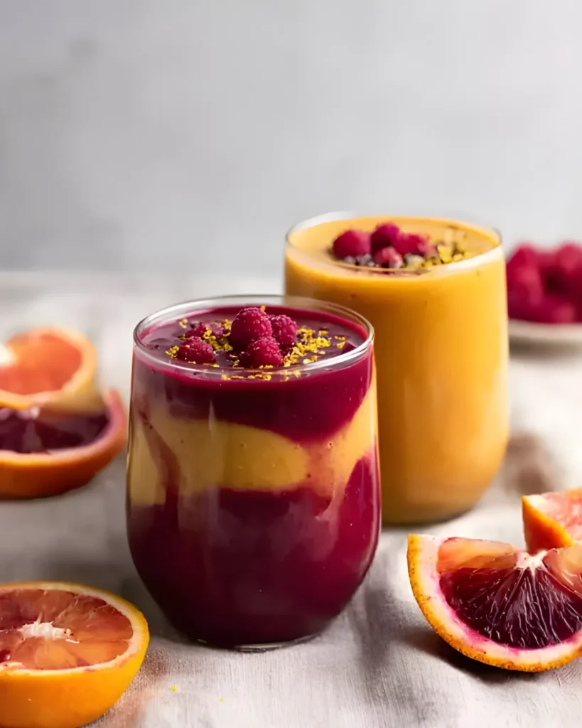 Layered Winter Citrus Smoothie with blood orange and raspberry in glass cups, garnished with fresh berries and citrus slices.