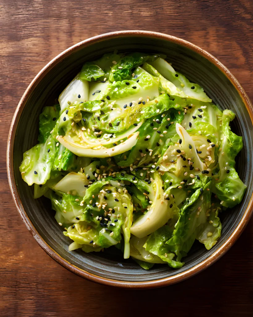 Yamitsuki Cabbage Salad in a bowl topped with black and white sesame seeds and light dressing