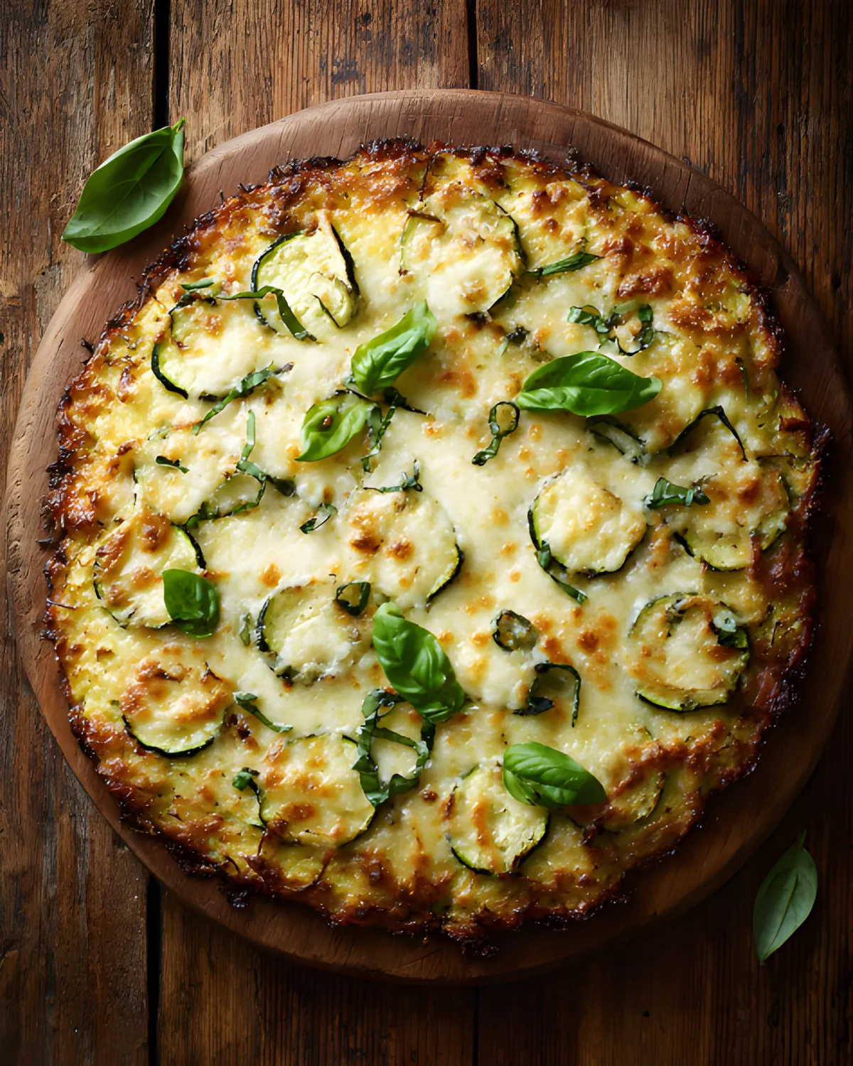 Zucchini Cottage Cheese Pizza Crust topped with melted mozzarella, sliced zucchini, and fresh basil on a wooden board