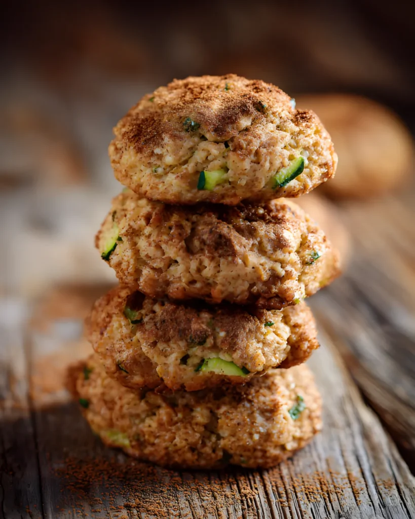 Stack of Zucchini Oatmeal Cookies with visible zucchini pieces and a cinnamon sugar coating on a rustic wooden surface.