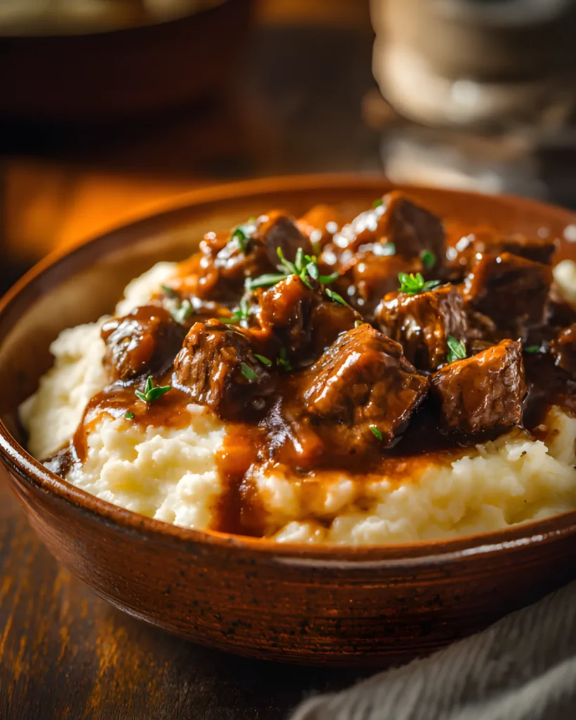 5-ingredient beef tips and gravy served over creamy mashed potatoes with tender beef chunks