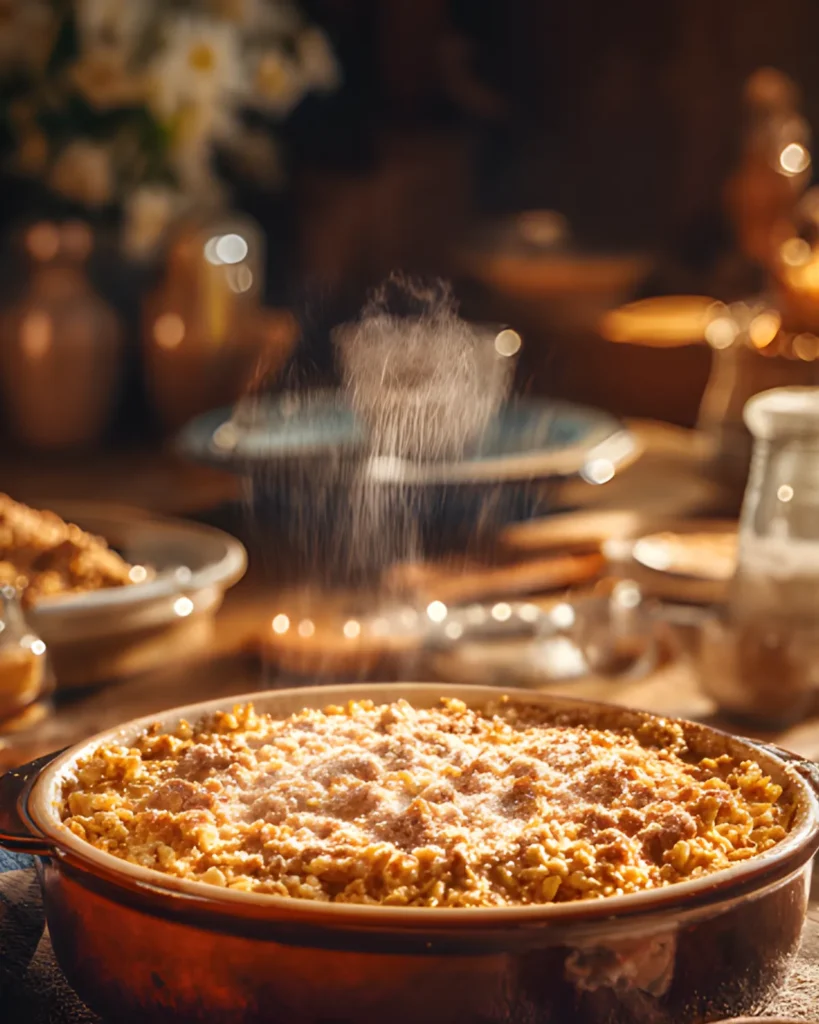 Amish Baked Oatmeal with cinnamon crumble topping and powdered sugar in a rustic baking dish
