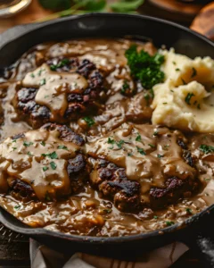 Amish Hamburger Steak Bake with juicy hamburger patties smothered in rich onion gravy served with mashed potatoes.