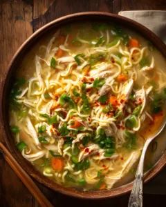 Aromatic Ginger Scallion Chicken Noodle soup in a rustic bowl with shredded chicken, noodles, green onions, carrots, and chili flakes