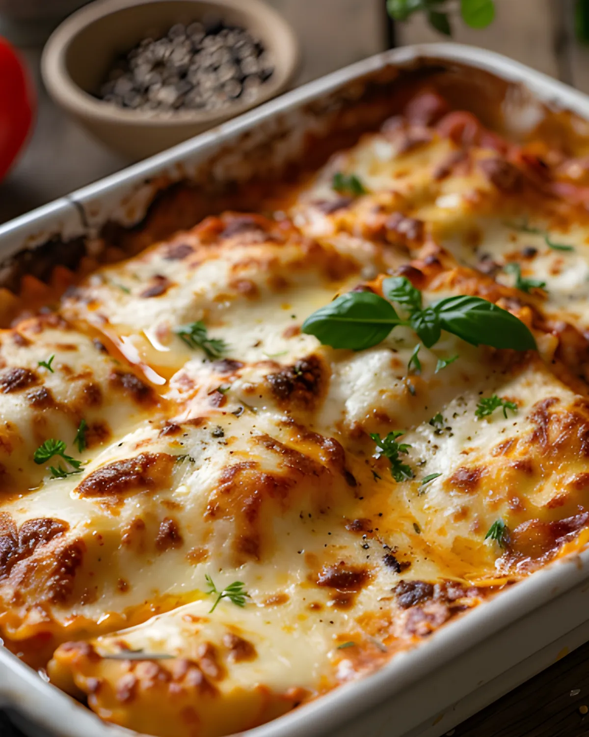 Cheesy baked frozen ravioli in a casserole dish with melted mozzarella, tomato sauce, and fresh basil after baking.