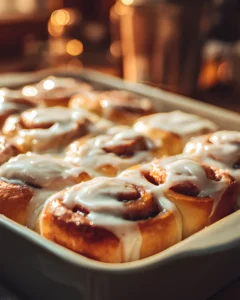 Best Homemade Cinnamon Rolls freshly baked with creamy icing in a baking dish