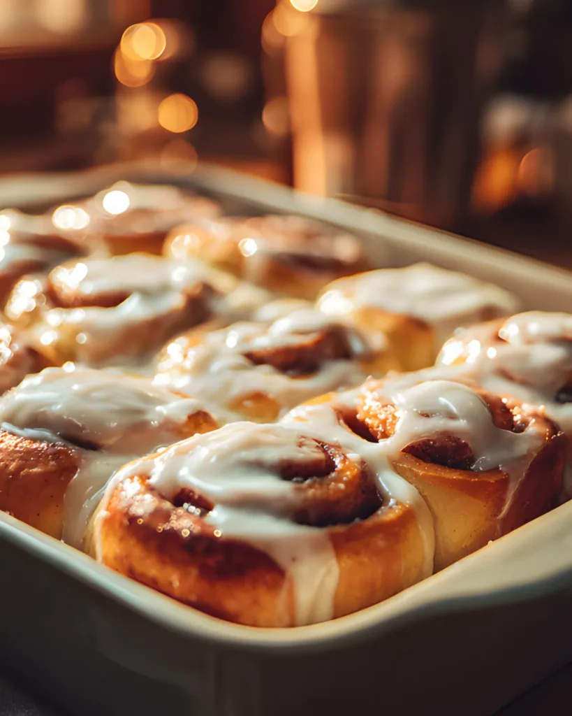Best Homemade Cinnamon Rolls freshly baked with creamy icing in a baking dish