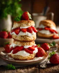 Best Strawberry Shortcakes stacked with fresh strawberries, fluffy whipped cream, and homemade shortcake biscuits.