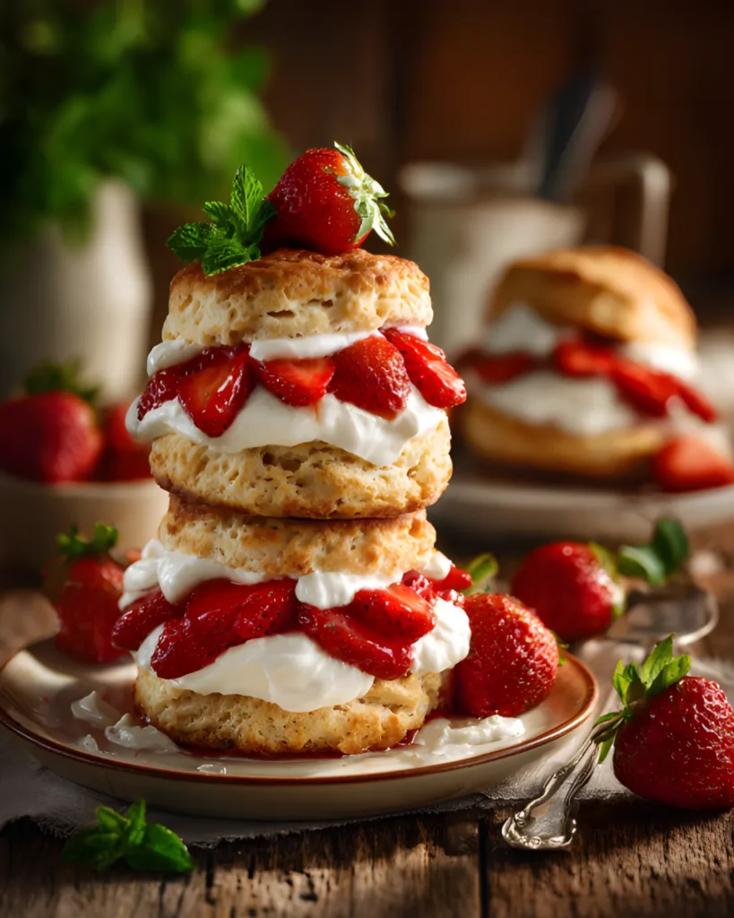 Best Strawberry Shortcakes stacked with fresh strawberries, fluffy whipped cream, and homemade shortcake biscuits.