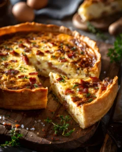 Breakfast Quiche Recipes featuring a savory bacon and cheese quiche with a flaky crust and creamy egg filling