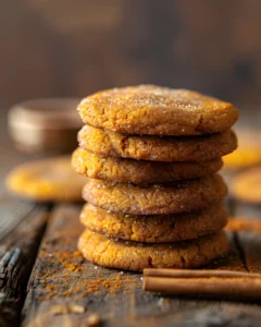 Stack of Brown Butter Pumpkin Cookies coated in cinnamon sugar on a rustic wooden table with cinnamon sticks