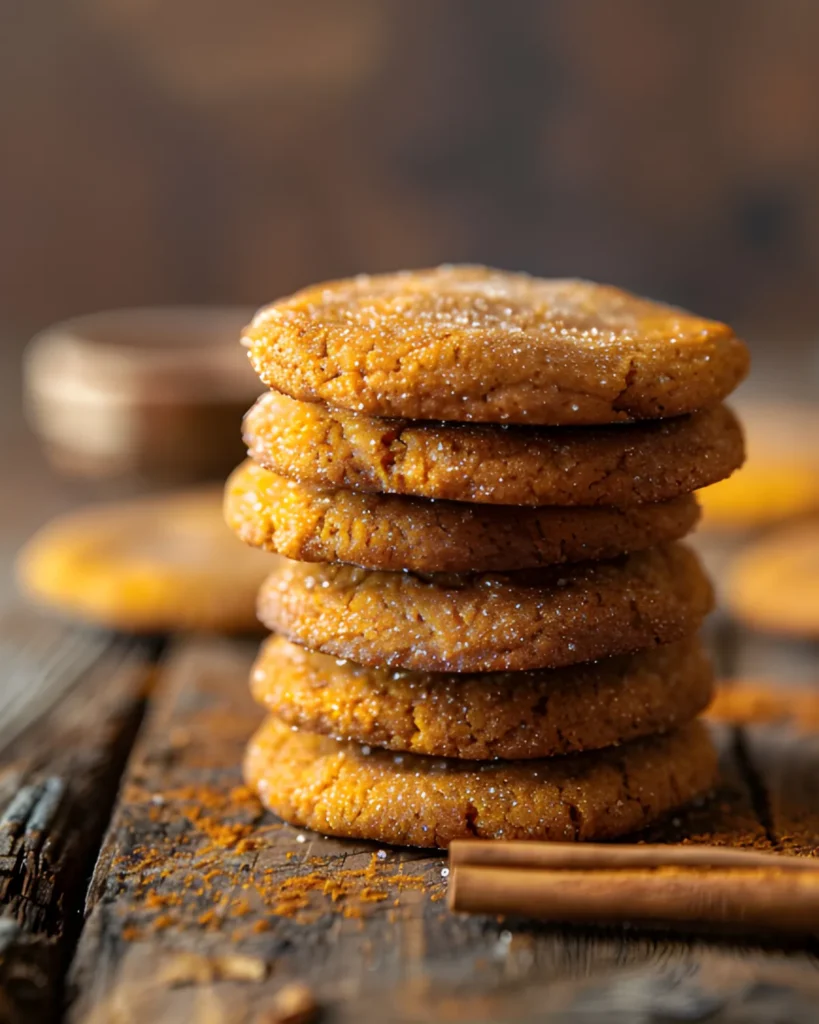 Stack of Brown Butter Pumpkin Cookies coated in cinnamon sugar on a rustic wooden table with cinnamon sticks