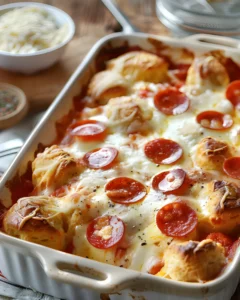 Bubble Up Pizza Casserole baked with pepperoni, melted mozzarella cheese, biscuit dough, and pizza sauce in a casserole dish.