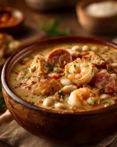 Cajun White Chicken Chili with shrimp, chicken, sausage, and white beans in a creamy Cajun-spiced broth served in a rustic bowl.