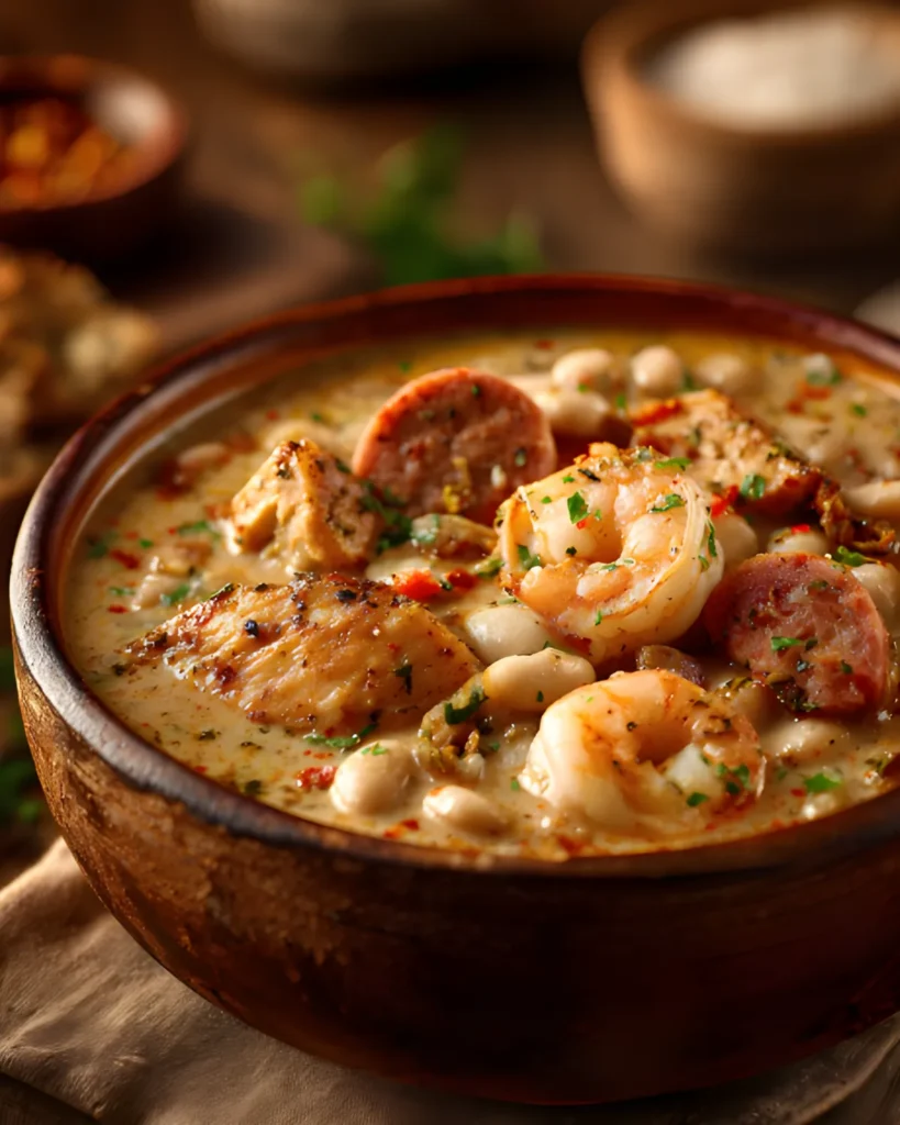 Cajun White Chicken Chili with shrimp, chicken, sausage, and white beans in a creamy Cajun-spiced broth served in a rustic bowl.