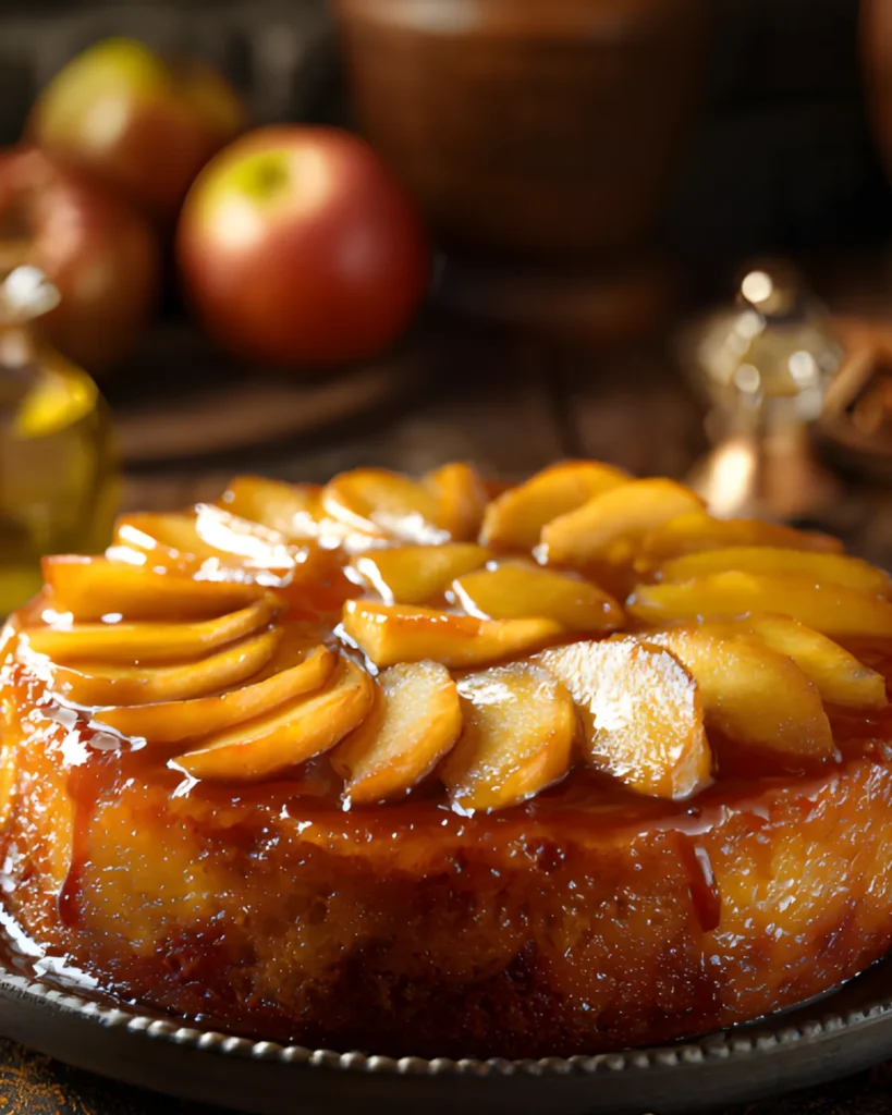 Caramel Apple Upside-Down Cake topped with glossy caramelized apple slices on a rustic plate