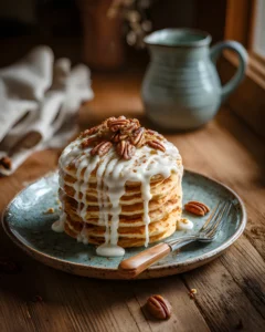 carrot cake pancakes stack with yogurt topping