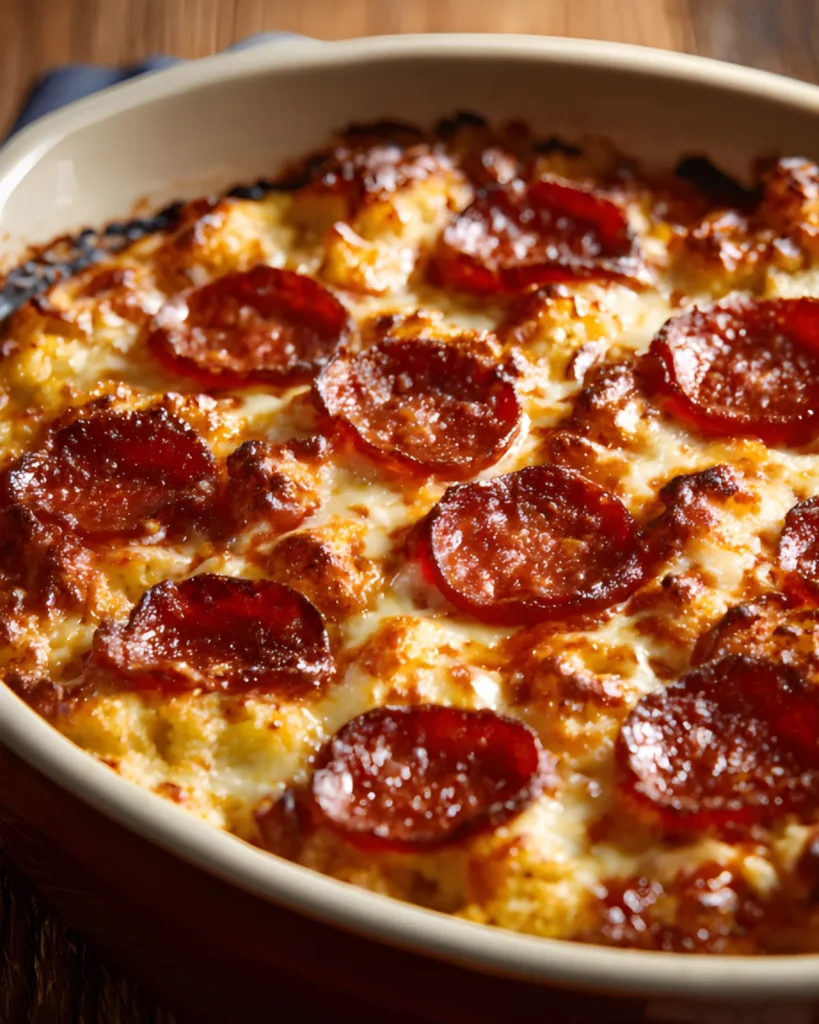 Cauliflower Pepperoni Pizza Casserole baked with melted mozzarella cheese and crispy pepperoni slices in a casserole dish.