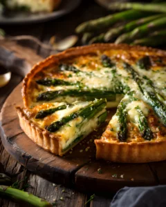 Cheesy Asparagus Tart with a golden crust topped with roasted asparagus and melted cheese on a rustic wooden board