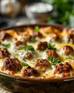 Cheesy Meatball And Rice Casserole baked with tender meatballs, creamy rice, and melted golden cheese in a rustic casserole dish.