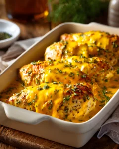 Cheesy ranch chicken baked with melted cheese and herbs in a creamy ranch sauce in a casserole dish