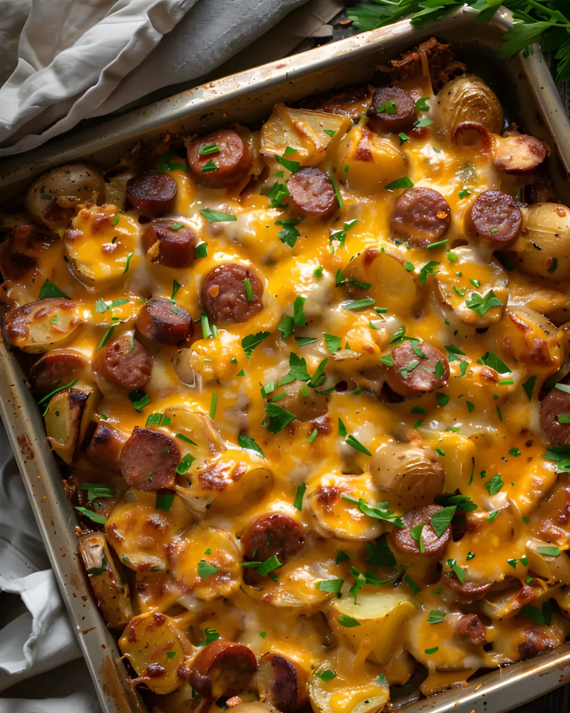 Cheesy Ranch Potatoes baked in a sheet pan with sliced sausage, melted cheddar cheese, and fresh parsley garnish