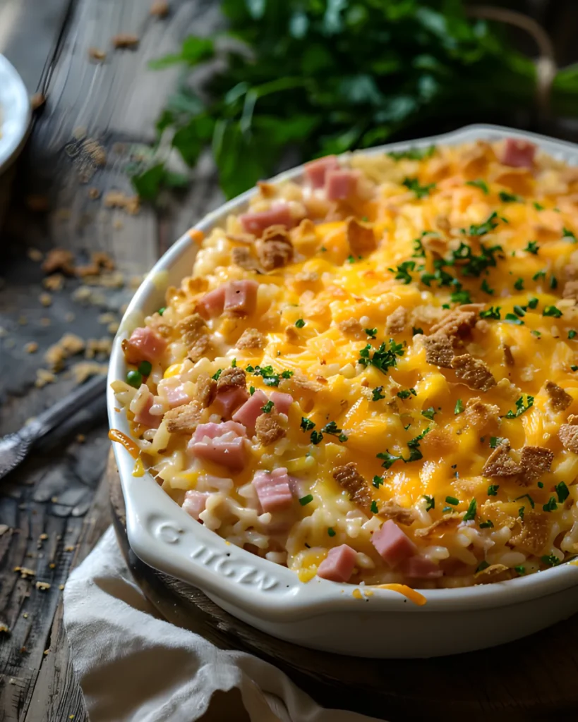 Cheesy Rice and Ham Casserole baked with melted cheddar cheese, diced ham, fluffy rice, and crispy topping in a white casserole dish.