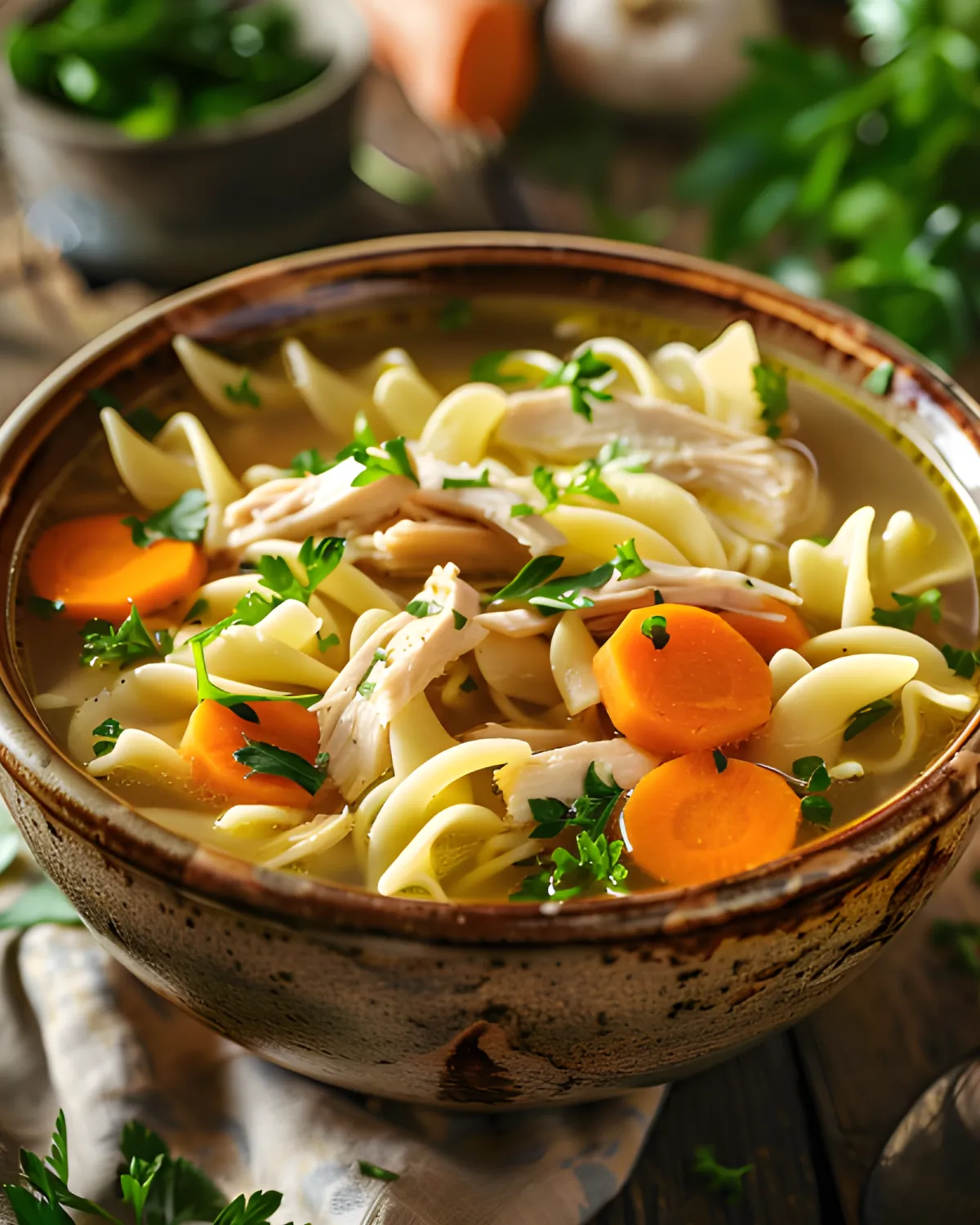 chicken and sliced carrots soup in rustic bowl