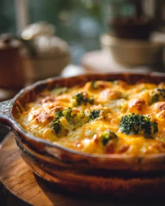 Cheesy chicken broccoli rice casserole baked in a rustic dish with golden melted cheese and tender broccoli.