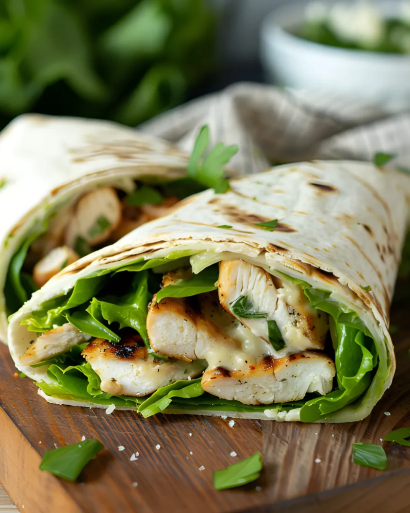 Chicken Caesar Wrap Recipe with grilled chicken, fresh romaine lettuce, Caesar dressing, and parmesan wrapped in a soft tortilla.