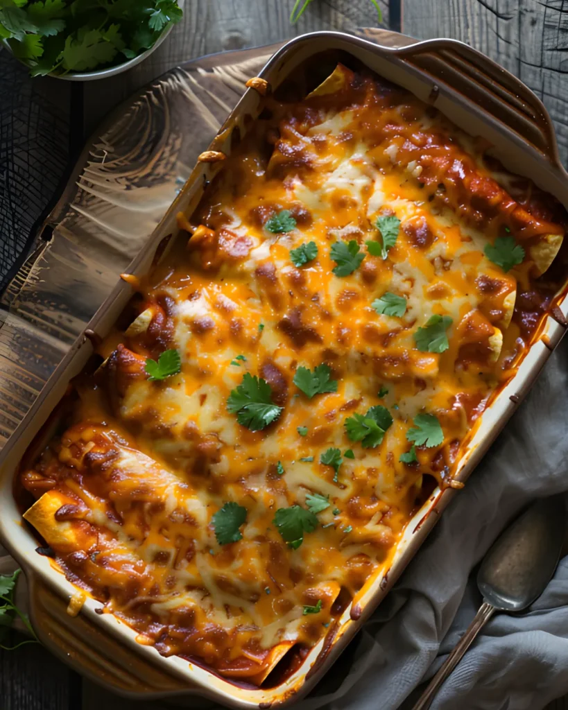 Chicken enchilada casserole baked with melted cheese, tortillas, enchilada sauce, and fresh cilantro in a casserole dish