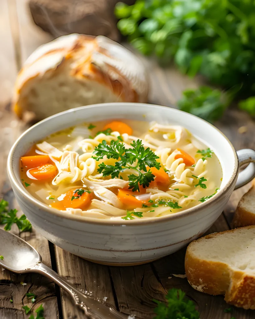 Chicken noodle soup with egg, shredded chicken, carrots, and pasta in a rustic bowl served with fresh bread.