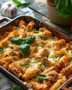 Chicken Parmesan Baked Pasta with melted mozzarella, parmesan cheese, crispy breadcrumb topping, and fresh basil in a baking dish