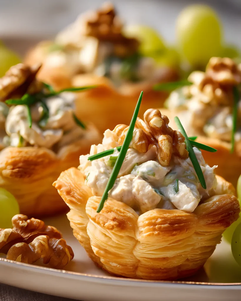 Chicken Salad in Puff Pastry appetizer cups on serving platter