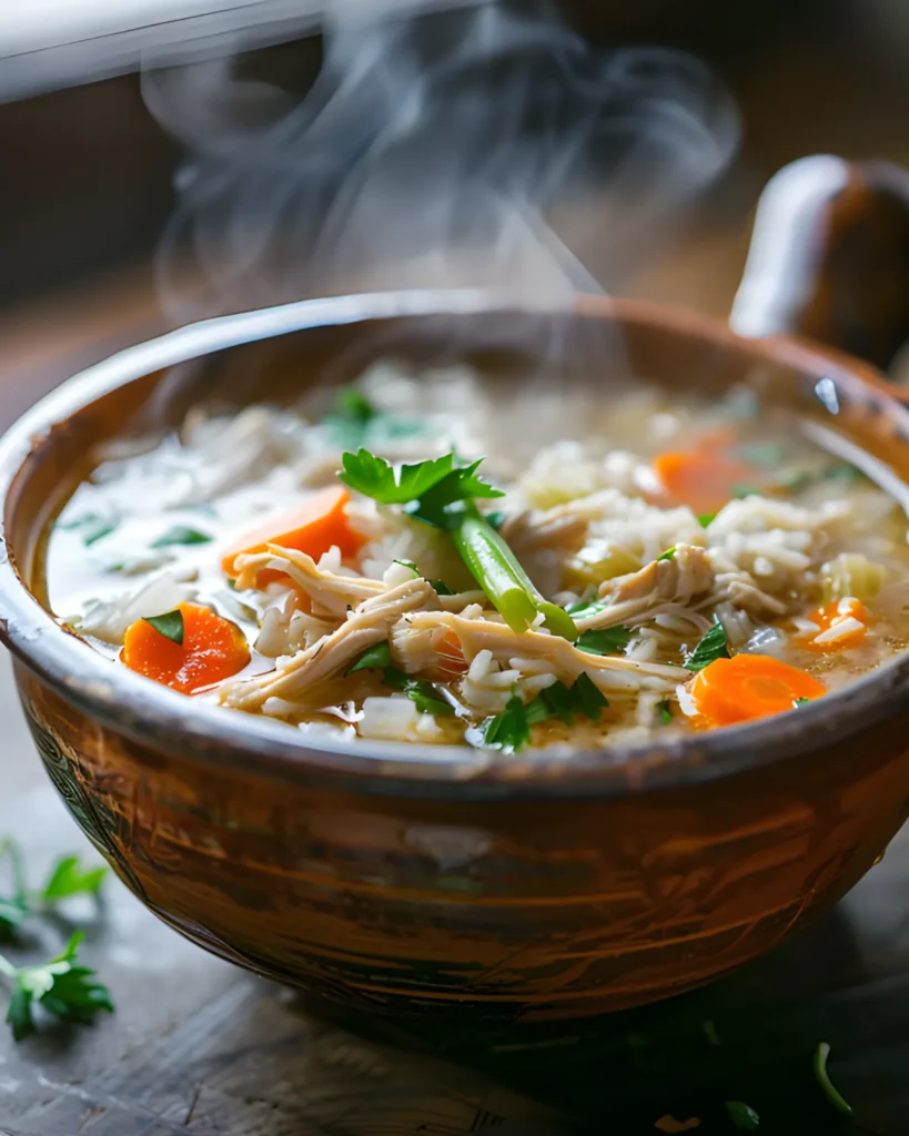 Chicken with Rice Soup Recipe featuring shredded chicken, white rice, carrots, celery, and fresh parsley in a steaming bowl.