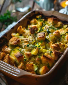 Chicken Zucchini Stuffing Casserole baked with tender chicken, fresh zucchini slices, and crispy golden stuffing cubes in a casserole dish.