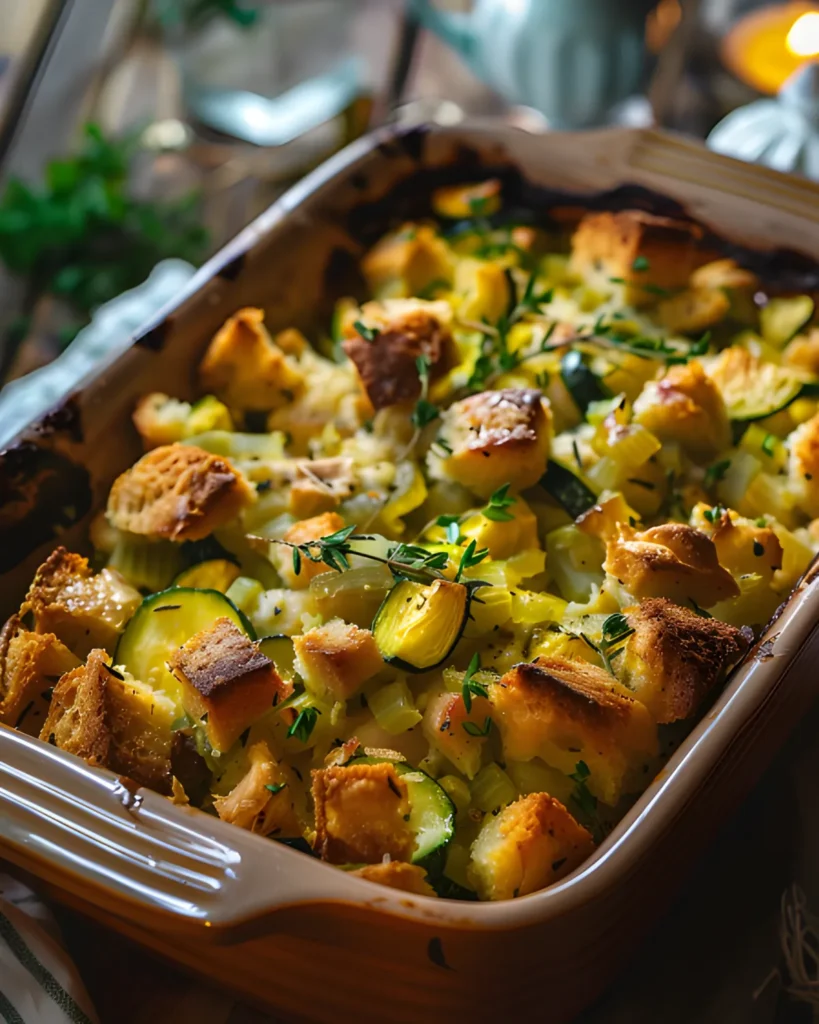 Chicken Zucchini Stuffing Casserole baked with tender chicken, fresh zucchini slices, and crispy golden stuffing cubes in a casserole dish.