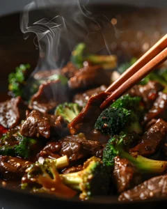 Chinese Beef and Broccoli stir fry with tender beef slices and broccoli florets in savory sauce with chopsticks lifting a piece