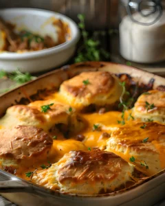 Chopped Cheeseburger Biscuit Casserole with melted cheddar cheese, fluffy golden biscuits, and savory ground beef baked in a casserole dish