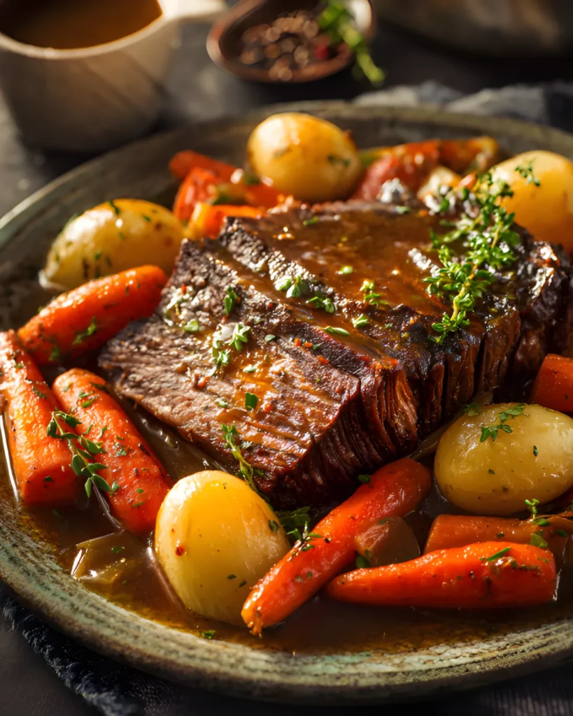 Chuck roast recipe served with tender baby potatoes and carrots in rich savory gravy